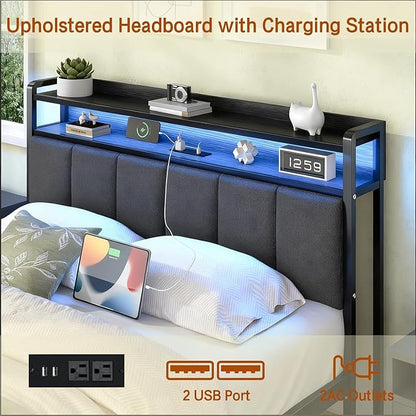 King Bed Frame with LED Lights and Charging Station, Metal Platform Bed Frame King with Upholstered Storage Headboard, Heavy Duty Metal Slats, No Box Spring Needed, Easy Assembly, Dark Grey