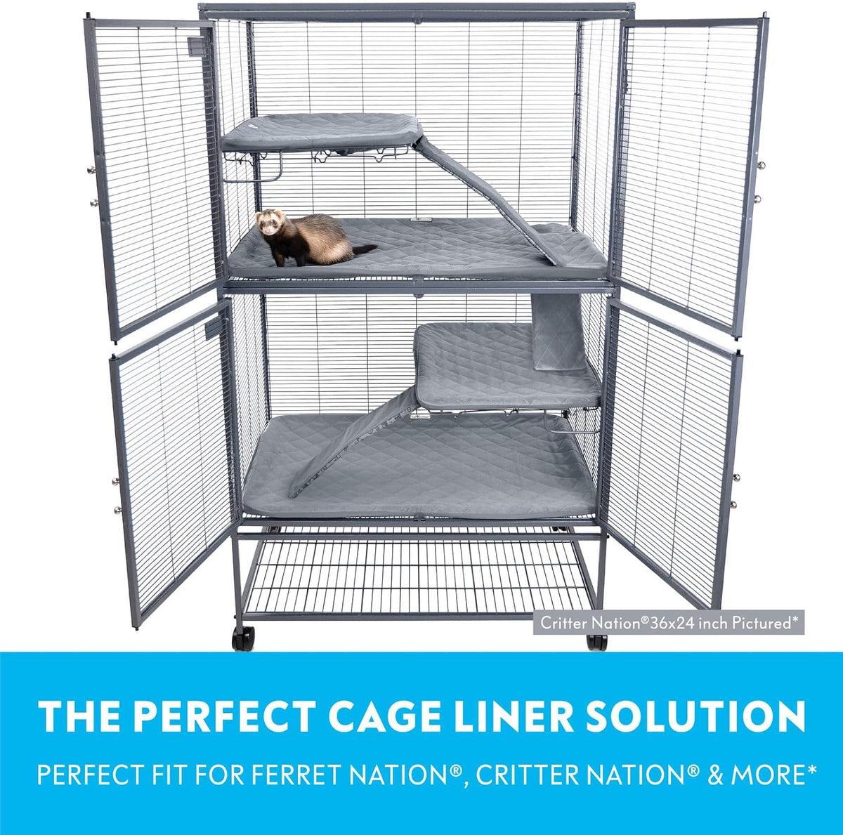 Paw Inspired Fitted Fleece Liners for Ferret Nation, Critter Nation Cage for Ferrets, Rats, Chinchillas, Hedgehogs & Other Small Animals (Gray, Double Unit Set)