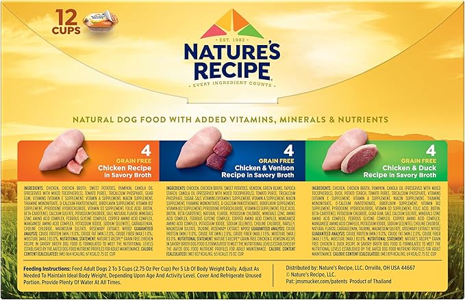 Nature’s Recipe Grain Free Chicken Recipe, Chicken & Venison Recipe and Chicken & Duck Recipe in Savory Broth Variety Pack Wet Dog Food, 12-2.75 oz. Cups, 2 Count