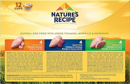 Nature’s Recipe Grain Free Chicken Recipe, Chicken & Venison Recipe and Chicken & Duck Recipe in Savory Broth Variety Pack Wet Dog Food, 12-2.75 oz. Cups, 2 Count