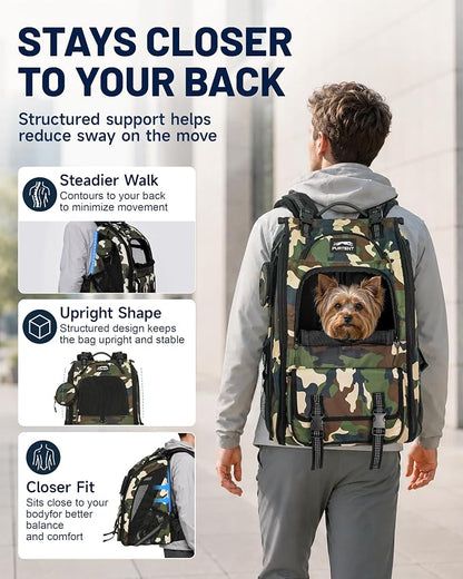 Dog Backpack Carrier with Ergonomic Support, Padded Straps and Ventilation, Hiking Pet Backpack with Safety Tethers, Reflective Trim and Waist Support, Up to 22lbs