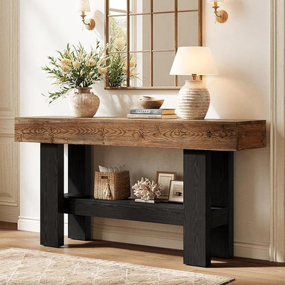 Solid Wood Black Console Table for Entryway, 63-Inch Long Narrow Sofa Table Behind Couch with Storage Shelf for Living Room, Hallway, Foyer, Entrance, Rustic Brown + Black