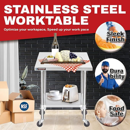DuraSteel 30x30 NSF Stainless Steel Cart - Heavy Duty Rolling Food Prep Table with Undershelf - Metal Utility Cart for Commercial Restaurant Kitchen, Laundry, Outdoor Portable BBQ Grill
