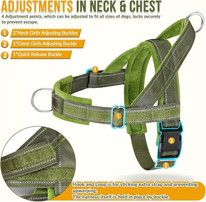 SlowTon No Pull Dog Harness with Front Clip - Heavy Duty, Soft Padded | Neck & Chest Adjustable, Tactical Pet Vest and Leash Set for Large Medium Sized Dogs, for Easy Walk & Training, Green XL