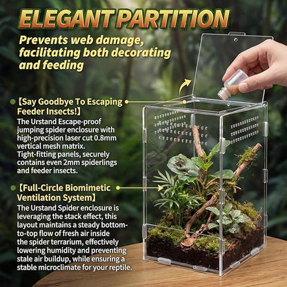 Hushee 2 Pcs Acrylic Reptile Terrarium Easy Assembly, 360° Clear & Keep Pet Secure Design for Jumping Spiders, Tarantulas, Frog, Mantis, Geckos, Ventilated Habitat Terrarium Enclosure 9.8*5.9*5.9in