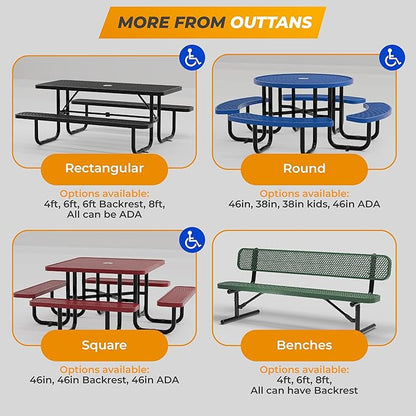 Metal Picnic Tables for Outdoors with Umbrella Hole - Coated Steel Heavy Duty Commercial Grade Furniture with Adjustable Seats (Blue, 46 in, Square with Back, Expanded Steel)