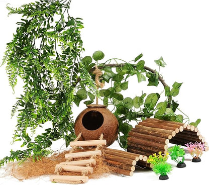 10PCS Crested Gecko Tank Accessories, Reptile Plants Bridge Vines, Coconut Shell with Ladder for Lizard, Chameleon Cage, Snakes, Hermit Crab, Leopard Gecko Tank Accessories, Terrarium Decor