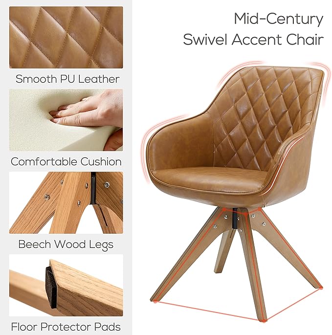 Art Leon Mid Century Modern Swivel Accent Chair with Arms, Beech Wood Legs Leather Upholstered Computer Desk Chair for Small Spaces Home Office Living Room Bedroom, Claybank
