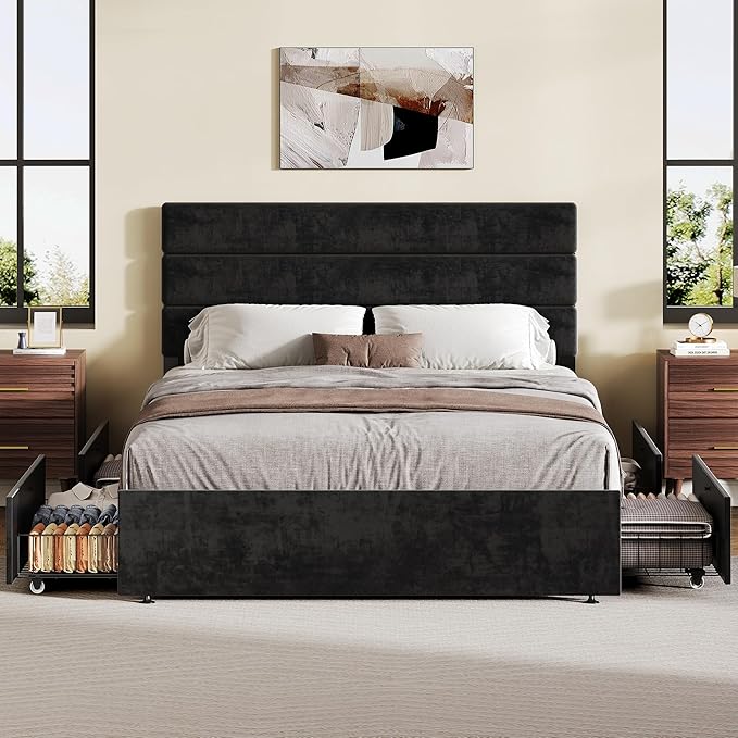 WLIVE Full Size Upholstered Bed Frame with 4 Drawers and Velvet Square Tufted Headboard, Sturdy Metal & Wooden Slats Support, No Box Spring Needed, Easy Assembly, Black