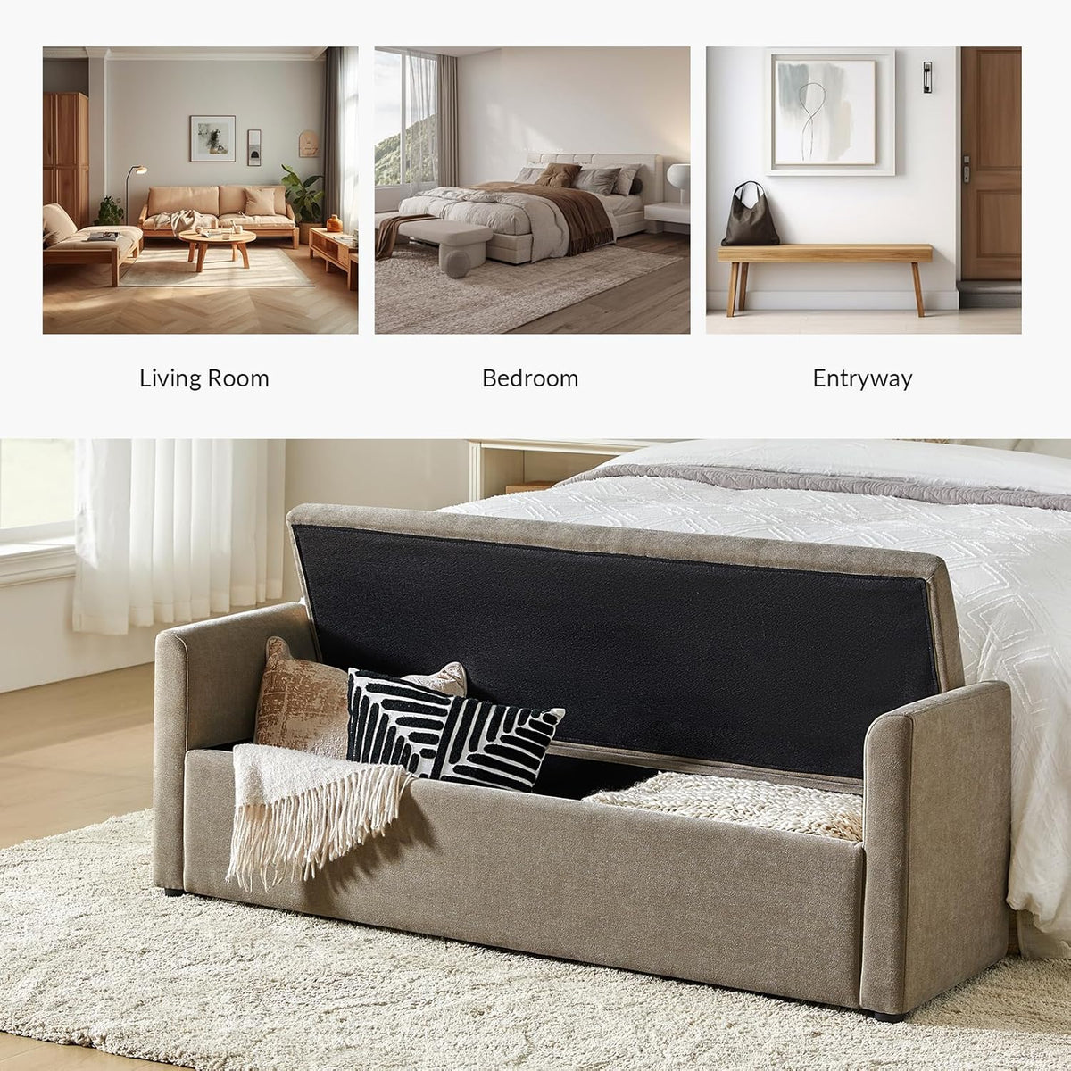HULALA HOME Modern Storage Bench with Throw Pillows, 59.4" Extra Long Bedroom Ottoman Bench for End of Bed, Comfy Upholstered Footstool for Entryway Dining Room Living Room, Brown