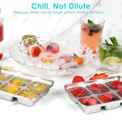 Ice Cube Tray with Lid, 2 Pack 12 Big Cubes, Stainless Steel Ice Cube Trays