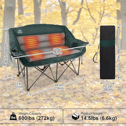 LANMOUNTAIN Heated Double Camping Chairs,3 Heat Levels Padded Portable Loveseat w/Wine Glass Holder,Cup Holder,Heating Outdoor Camp Couch Support 600 Lbs,Dark Green,Battery NOT Included