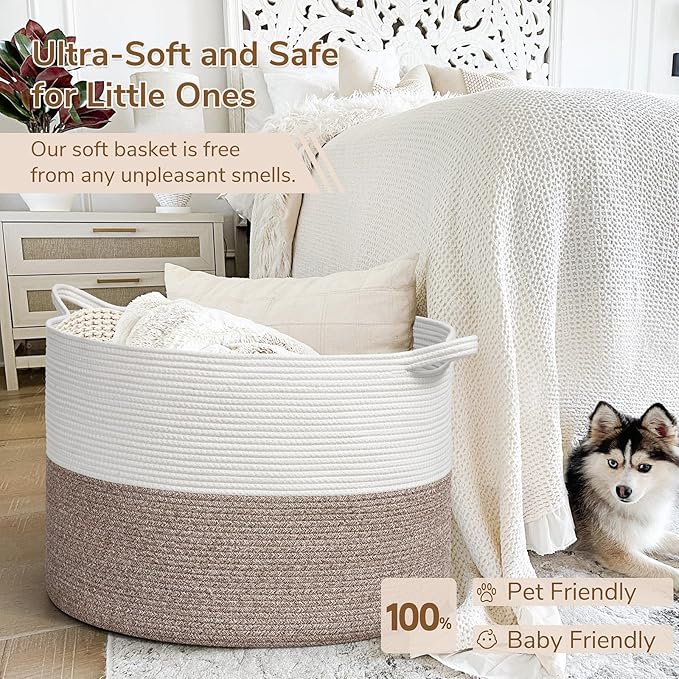 INDRESSME 115L Extra Large Blanket Basket, Soft Cotton Rope Storage Basket for Organizing, Home Decor, Toys, Laundry & Towels, Toy Storage Organizer for Living Room & Nursery, White & Brown