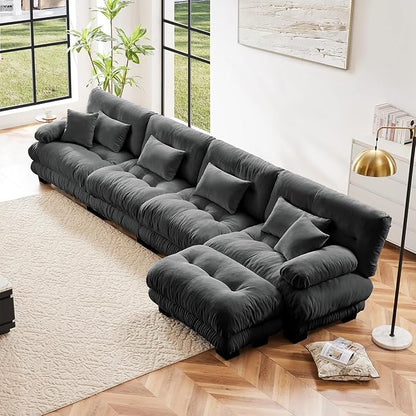 173.2" Oversized Couch, 4 Seater Modular Sectional Sofa, Grey Large L Shaped Fluffy Couch Set, Chenille Cloud Couches with Ottoman, Deep Seat Sofas for Living Room