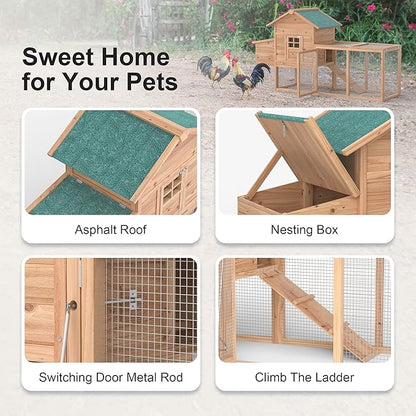 Outdoor Chicken Coop for 2-4 Chickens Wooden Hen House Poultry Pet Hutch Run Cage w/Waterproof Asphalt Roof, Ramp, Nesting Box, Wire Fence (80")