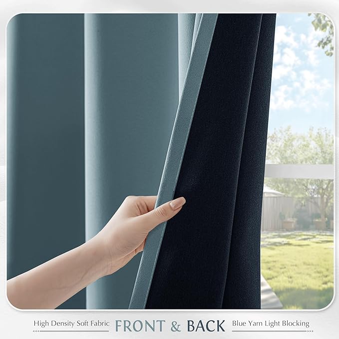 Beauoop Dusty Blue 100% Blackout Curtains 63 Inch Long 2 Panels