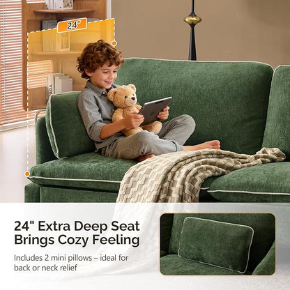 VINGLI 84" W Oversized Comfy Love Seat with Two Seats, Extra Deep Seat Piping Design Loveseat Couch with Two Pillows, Linen Fabric Modern Small Sofa for Small Living Room, Apartment, Bedroom, Green