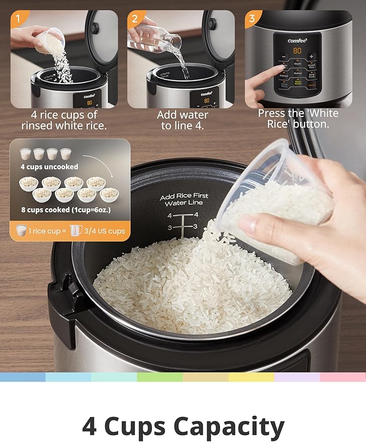 COMFEE' Compact Rice Cooker, 6-in-1 Stainless Steel Multi Cooker, Slow Cooker
