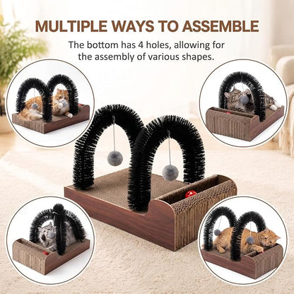 Sadnyy Cat Self Groomer with 2 Arch Grooming Brushes and Scratcher Pad, for Cat Back and Face Scratcher Massager with 2 Plush Balls, Pet Rubbing Post for Indoor Outdoor Kitten Small Dog