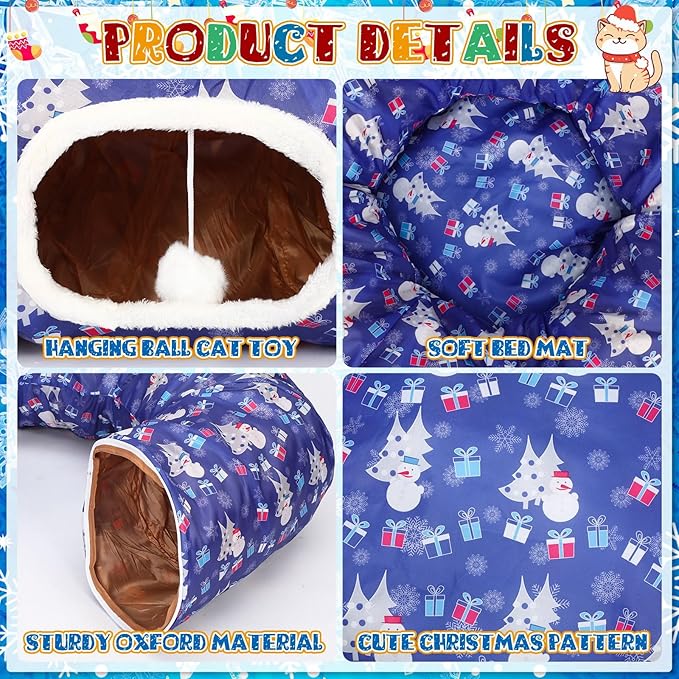 Christmas Cat Tunnel Bed for Indoor Cats Under Christmas Tree Skirt Tube with Hanging Ball Plush Cat Cave, Washable Holiday Pet Gift Toy & Gift for Kittens(Snowman)