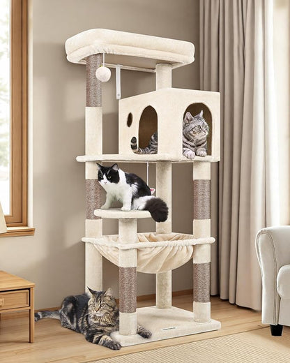 Globlazer Cat Tree Tower with Scratching Post for Indoor Cats, 53inch Tall Plush Multi-Level Cat Climbing Tower Condo House with Large Hammock, Spacious Cat Cave, Big Padded Top Perch Bed, F53, Beige