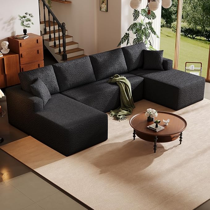 140" Modular U-Shaped Sectional Sofa, 7-Seater Cloud Couch with Double Chaise, Modern Sleeper Sofa,No Assembly Sectional Cloud Boneless Sofa Couches for Living Room/Apartment
