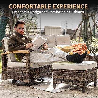 MEISSALIVVE 7 Pieces Patio Furniture Sets,PE Wicker Outdoor Conversation Sets with 2 Wood Armrests Swivel Rocker Chairs, 2 Ottoman, 2-seat Sofa and Coffee Table(Brown)