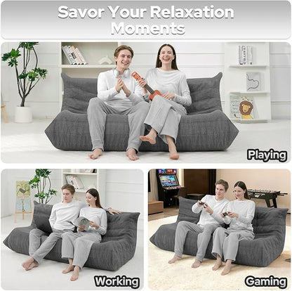HABUTWAY Bean Bag Chairs Fireside Lazy Floor Sofa, Soft Teddy Fleece 3 Seater Sofa with High-Resilience Foam Filling，Beanbag for Living Room, Bedroom, Office (Dark Grey Teddy)