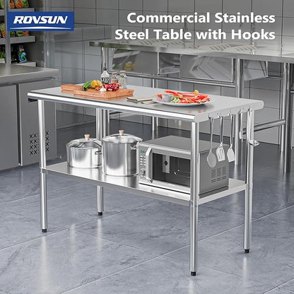 ROVSUN 48'' x 24'' Stainless Steel Table for Prep & Work,Commercial Worktables & Workstations, NSF Heavy Duty Metal Table with Adjustable UnderShelf for Kitchen, Restaurant, Home, Hotel, Outdoor