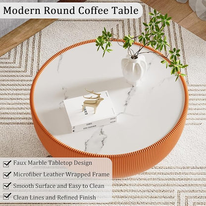 Round Coffee Table Set with Sintered Stone Tabletop, 29.53" Orange Drum Center Table and 19.69" Orange Coffee Table Set, 2 Pieces Living Room Table Set with Fluted PU Leather Cover&Metal Base