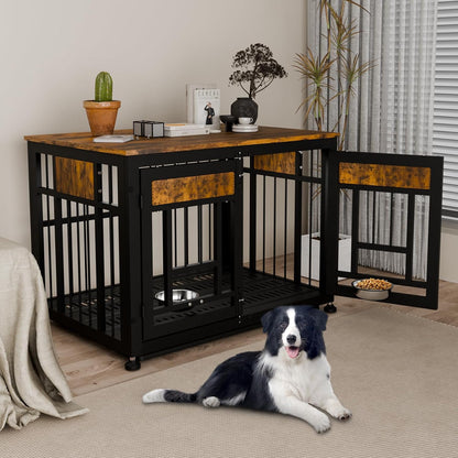 Dog Crate Furniture End Table 38 Inch Hidden Kennel Cabinet with Removable Tray, Thickened Metal Frame Dog Cage, Dual-Purpose Pet House & Nightstand for Living Room