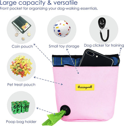 Dog Treat Pouch for Pet Walking and Training with Clicker 2 Cup Silicone Bag Small Fanny Pack Holder for Puppy Snack Dispenser Kit for Leash and Outdoor Use (Pink)