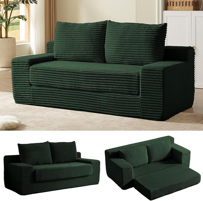 70.87" Loveseat Sofa Bed - Corduroy Upholstered, Comfy Deep Seat & Modern Design - Small Space Friendly, No Assembly Needed - Ideal for Living Room, Bedroom, Apartment, Home Office, Green