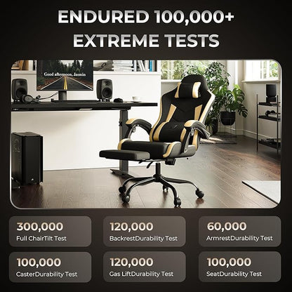 Gaming Chair with Footrest, Ergonomic 330lbs Leather Mesh Chair, Massage Lumbar Support, Adjustable Height & Headrest Pillow, Breathable Seat for Office, Home, Streaming, Long Gaming Sessions, Gold