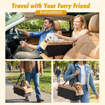 Center Console Dog Car Seat for Small Dogs&Cats Under 12 LBS | Puppy Car Seats with Non-Slip&Strong Support, Anti-Collapse Portable Pet Bed for Puppies with Soft Cushion Safety Belt, Brown