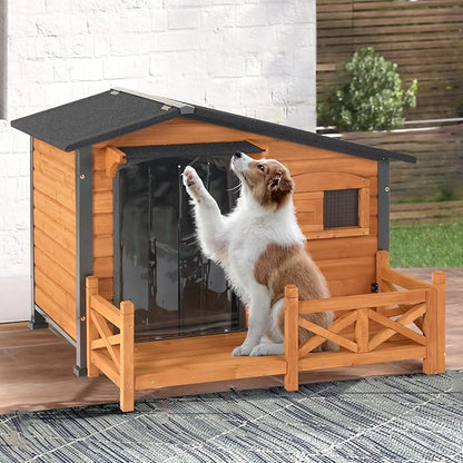 Dog House for Outdoor Use with Matel Frame, Waterproof Design- All-Weather Wooden Kennel with Sliding Window & Metal Frame (Wood, L)