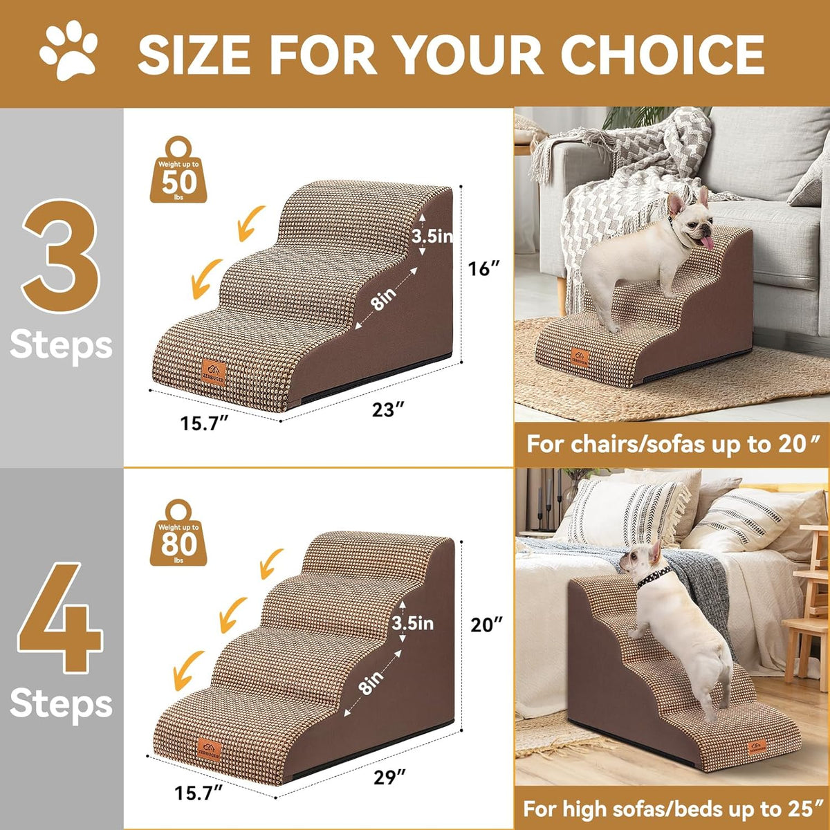 Dog Ramp and Stair for Bed 16" H-20 H,3-Step Cat Stair for Sofa and Chair,4-Step Dog Ramp for High Bed and Window,Durable Nonslip Fabric Cover for Indoor (Coffee-20 H, Pet Friendly, 4)