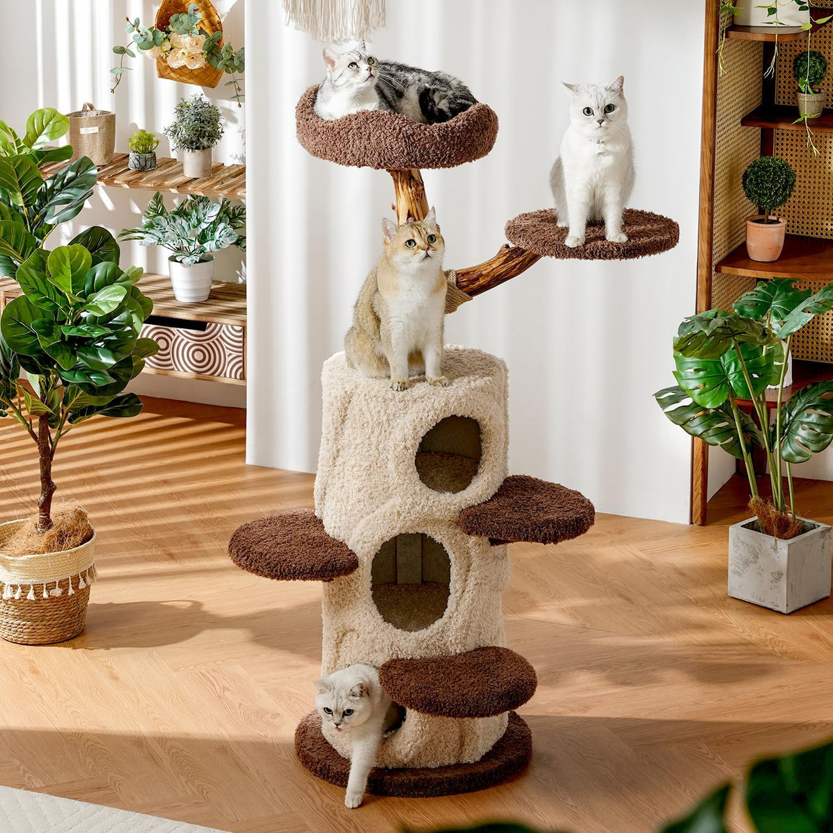 54.7'' Modern Cat Tree for Indoor Cats Large Adult, Wood Cat Tree with 3 Spacious Condos, Luxury Cat Tower with Cozy Perch, Scratching Post, Sturdy Kitty House Furniture for Small Medium Large Cats