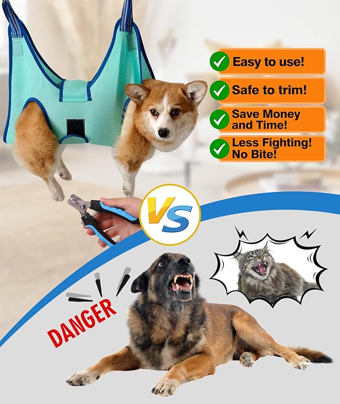 Dog Grooming Hammock Harness, Hanging Harness Holder for Nail Clipping, Nail Trimming Hammock with Wide Strap, Grooming Sling Hanger Restraint Bag for Claw Care (XX-Large 65 LB Max/Turquoise)