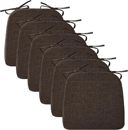 Ruqmuis Chair Cushions for Dining Chairs, 2" Thick Seat Cushions for Kitchen Chairs, D-Shaped Chair Pads with Washable Cover, Ties and Non Slip Backing, 17'' x 16'', Set of 6, Brown