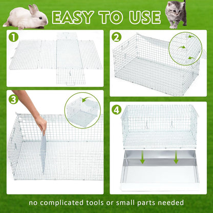 Folding Rabbit Cage, 28 x 16 x 12 in Portable Bunny Carrier with Tray and Handles for Transport, Travel or Temporary Housing, Indoor Outdoor Pet Habitat Animal Enclosure