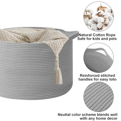65L Large Blanket Basket,19.7" L x 19.7" W x 13" H Rope Woven Baskets with Handles, Toys Storage Bins,Laundry Basket Perfect for Living Room, Nursery,Bedroom,Home Organization,Light Gry