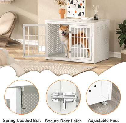 38" Heavy Duty Dog Crate Furniture for Large and Medium Dogs,Wooden Metal Kennel for High Anxiety Dogs, Chew Proof Pet Cage Indoor, Decorative Dog Kennel End Table, White