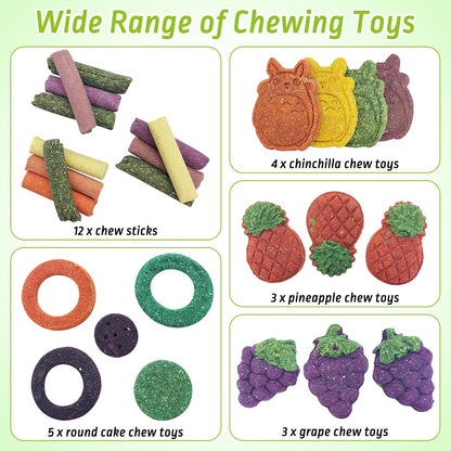 Fhiny 27 PCS Natural Bunny Chew Toys Molar Rabbit Toys Contain Timothy Grass Pumpkin Beets Purple Potatoes Carrot Hamster Treats for Chinchillas Guinea Pigs Mice Gerbils Teeth Grinding