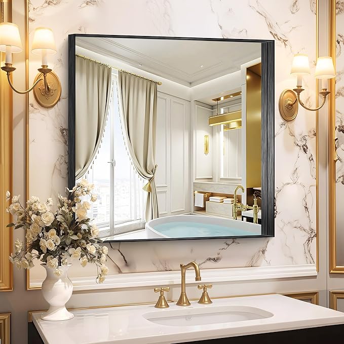 CIRCUMI Black Bathroom Mirror, Brushed Finish, Tempered Glass, Square Mirror