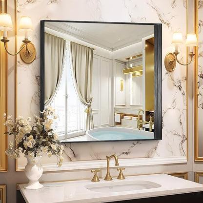 CIRCUMI Black Bathroom Mirror, Brushed Finish, Tempered Glass, Square Mirror