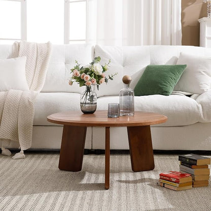 Janoray Modern Wood Coffee Table Small Desk Farmhouse Round Coffee Table Floor Table Couch Table Easy Assembly for Living Room/Office/Reception/Sofa Couch End, Walnut