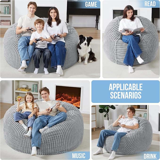 Homguava 6 FT Bean Bag Chair,6' Big Bean Bag,Giant Bean Bag Chairs for Adults with Memory Foam Filled,Comfy Large Beanbag Chairs Soft Bean Bag Sofa with Dutch Corded Plush Cover-Light Grey