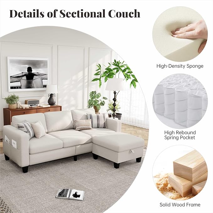 Small Sectional Couch, L Shaped Sectional White Couch in a Box, Small Couches with Ottoman, 3 Seater Sofa for Living Room, Apartment, Dorm, Office