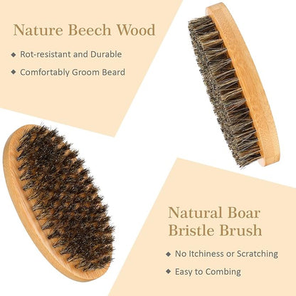 10 Sets Grooming Kit for Men - Natural Boar Bristle Brush, Pear Wood Dual-Sided Wide Tooth Comb, and Travel Pouch (Oval Shape) for Beard Care